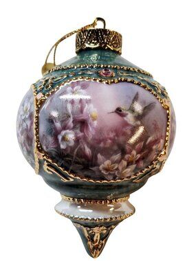 1999 Bradford Editions Floral & Hummingbird Glass Ornament With Gold Accents And